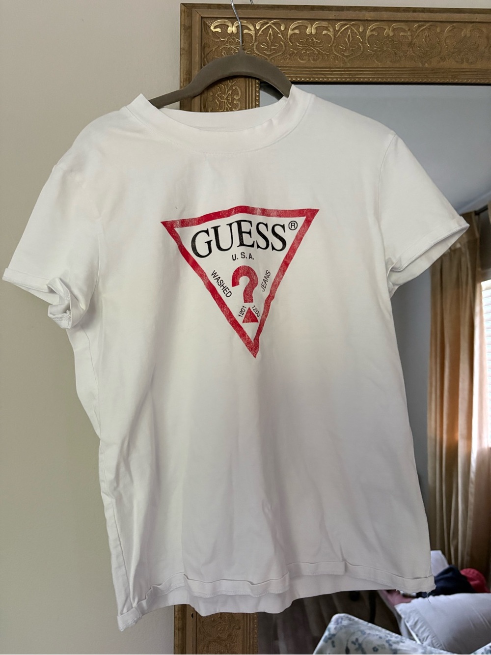 Guess White Short Sleeve Tee with Red Triangle Logo